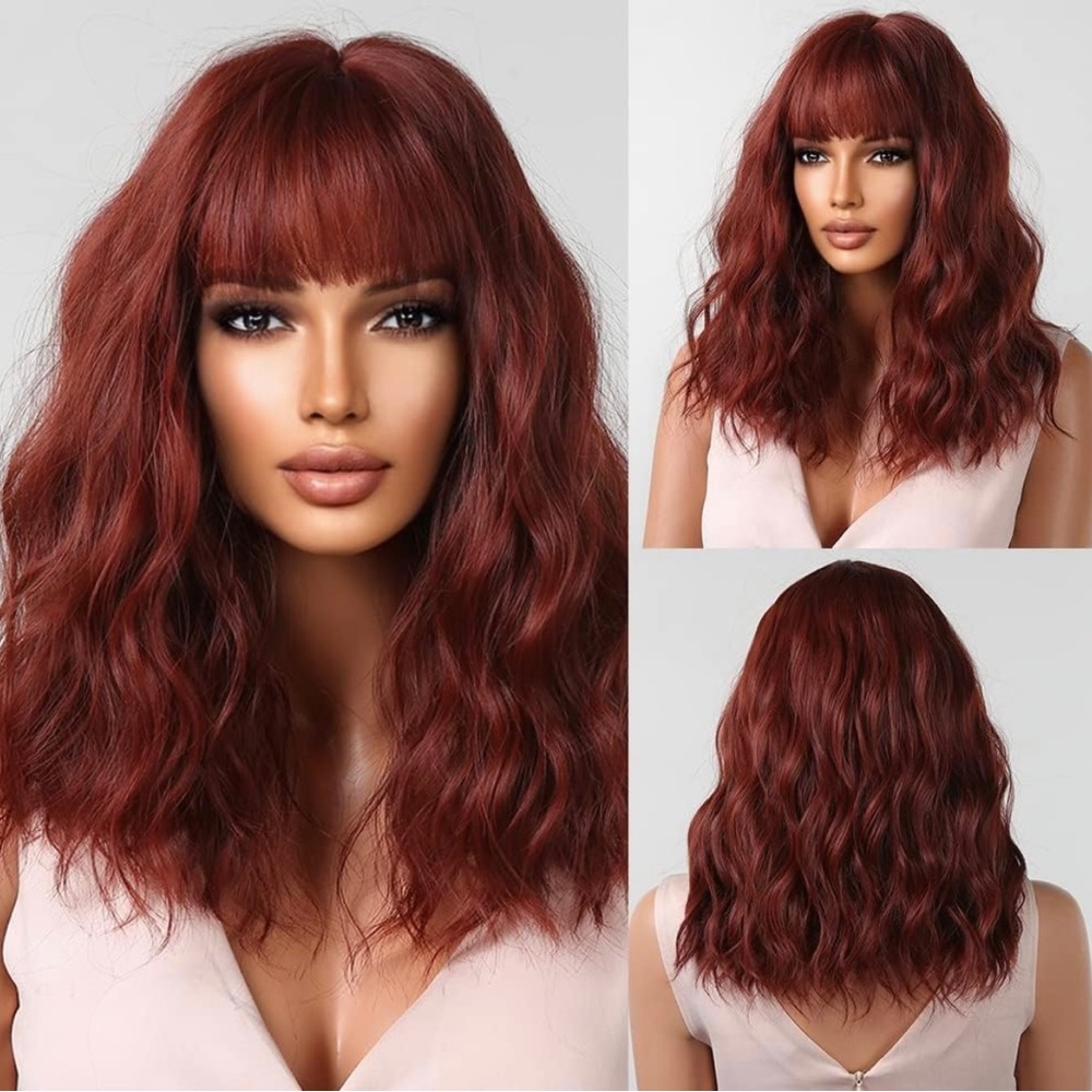 Human hair blend burgundy red curly wavy wig